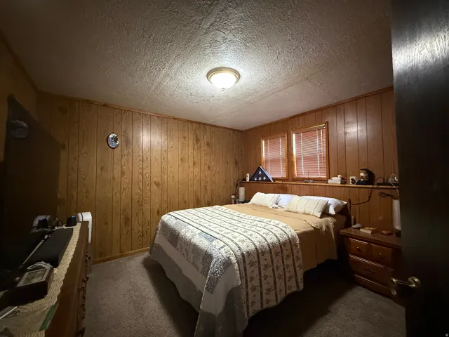 Wood-paneled walls with a textured ceiling and flush-mount lighting