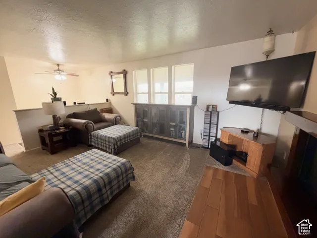 Living area featuring three large windows, a central ceiling fan with integrated lighting, and wood-finish flooring extending from the fireplace area