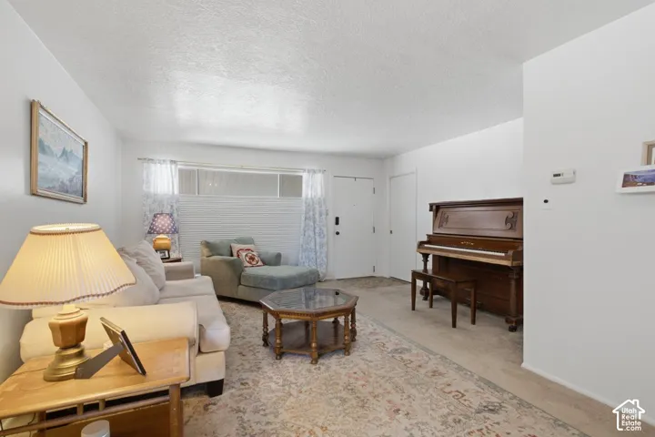 Carpeted flooring, white walls, and a window with blinds