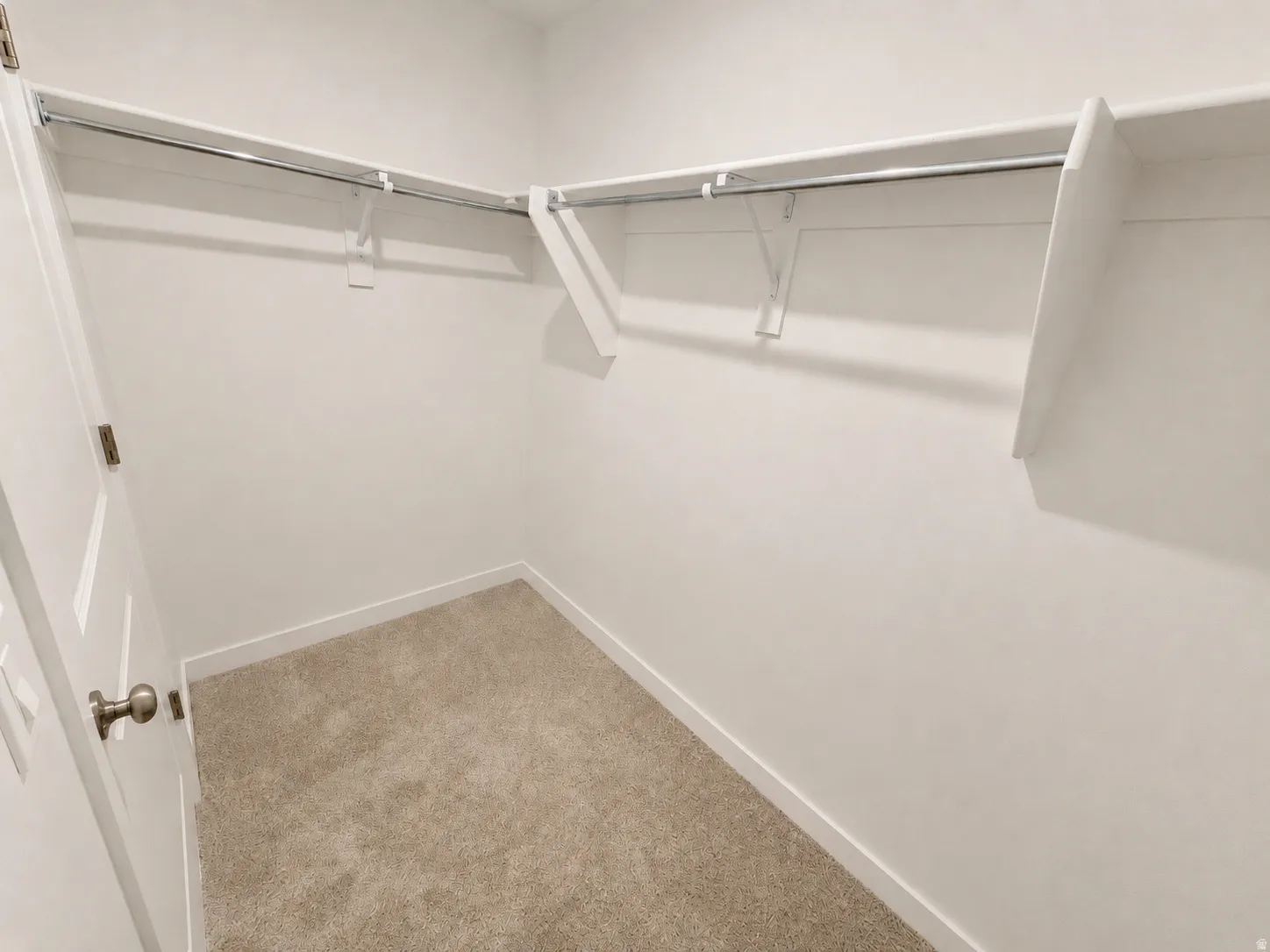Spacious walk-in closet with carpet flooring, built-in shelving, and hanging rods