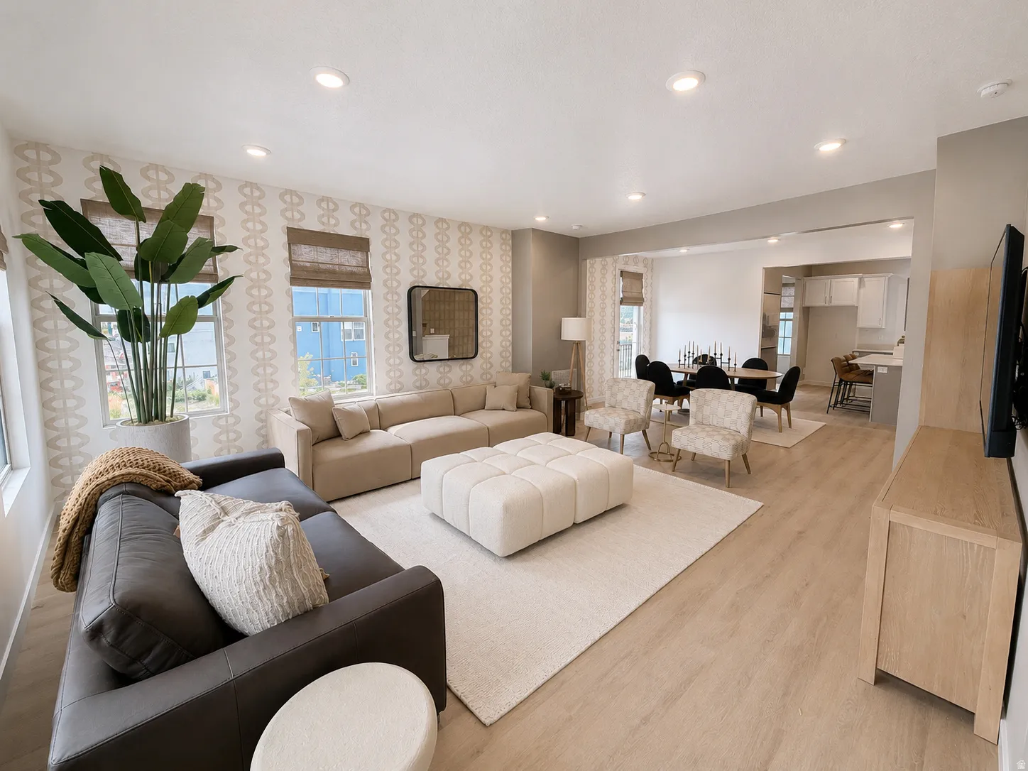 Recessed lighting, wood-finish flooring, and built-in shelving