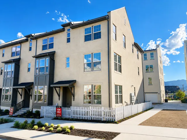 Contemporary multi-story exterior with stucco finish, bay windows, white picket fencing, and a paved driveway