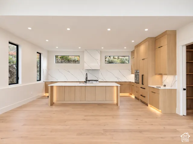Spacious kitchen featuring wood-finish flooring, recessed lighting, and an expansive island