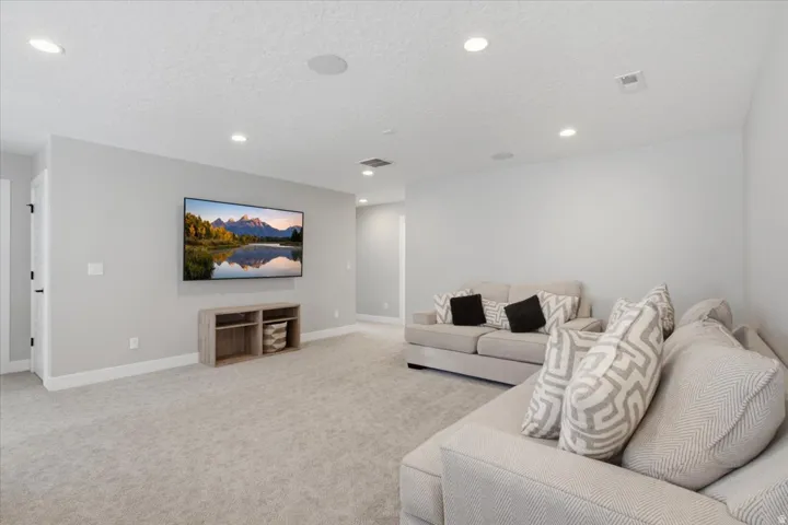 Recessed ceiling lighting, wall-mounted television, and neutral carpeting
