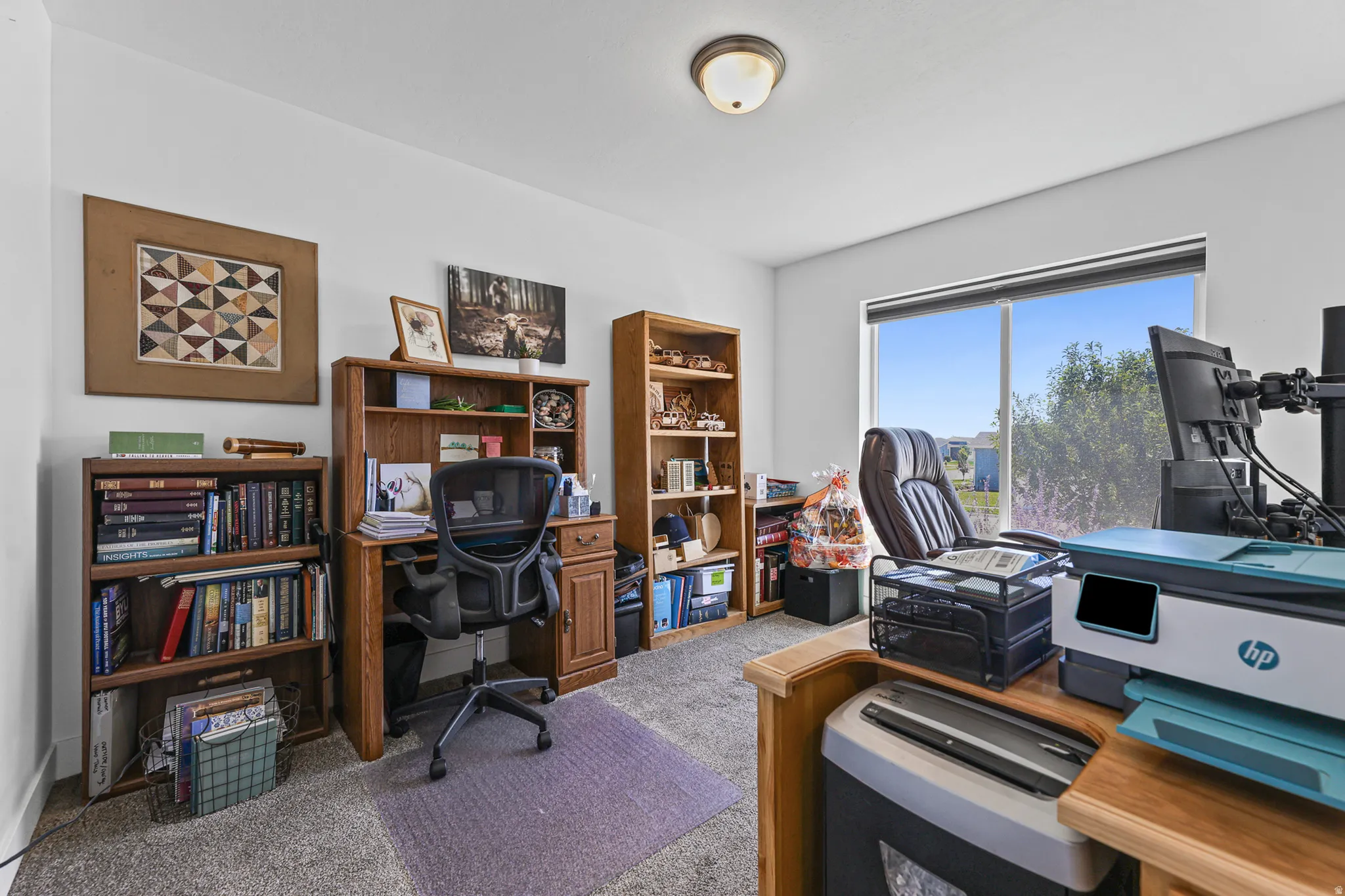 Large window, built-in desk, built-in shelving, overhead lighting, carpet flooring