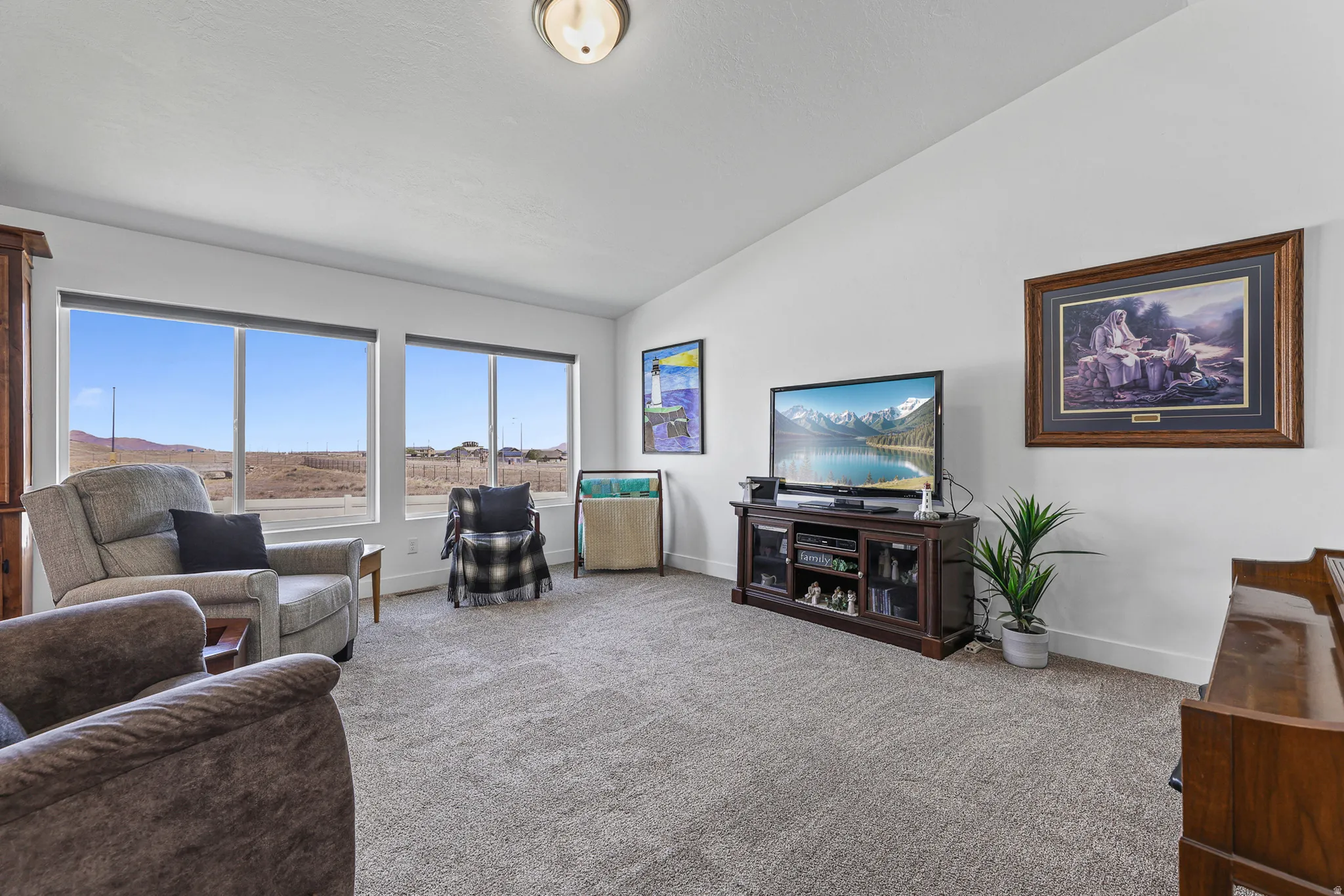 Carpeted living area featuring multiple windows, a ceiling-mounted light fixture, and white wall finishes