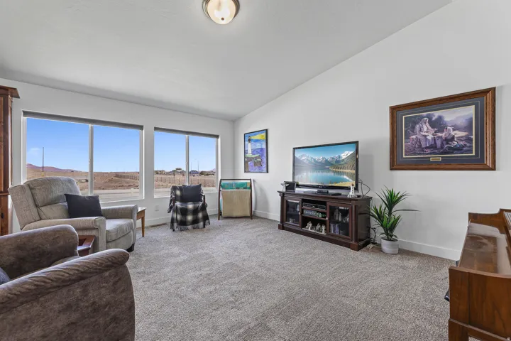 Carpeted living area featuring multiple windows, a ceiling-mounted light fixture, and white wall finishes