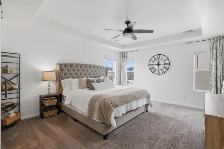 Tray ceiling with a ceiling fan, two windows, and carpeted flooring
