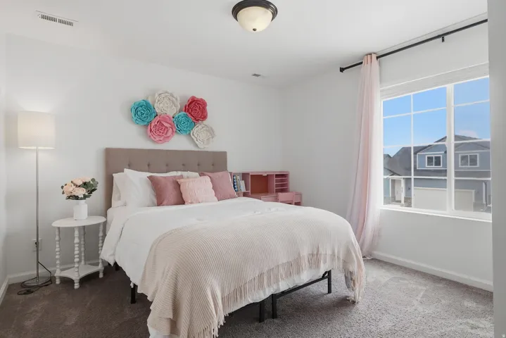 Wall-to-wall carpeting, abundant natural light from a large window, a ceiling-mounted light fixture, and a neutral wall color
