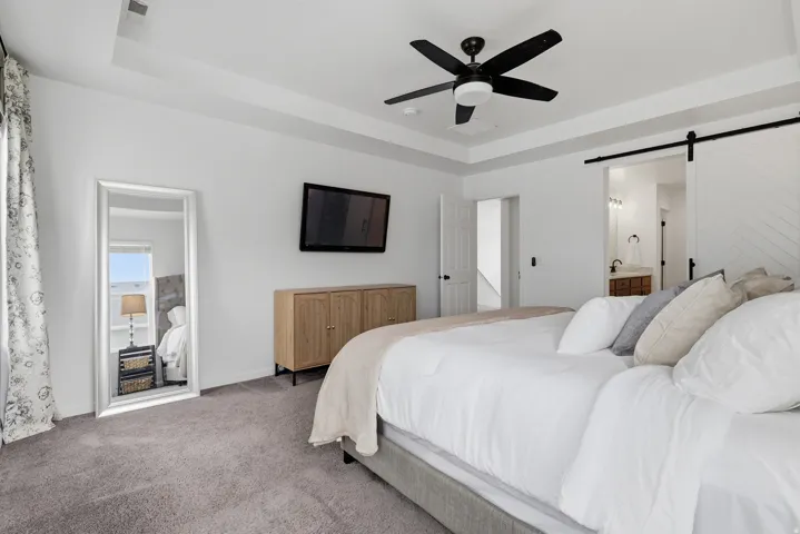 Tray ceiling with a black ceiling fan, wall-mounted television, and a white barn door
