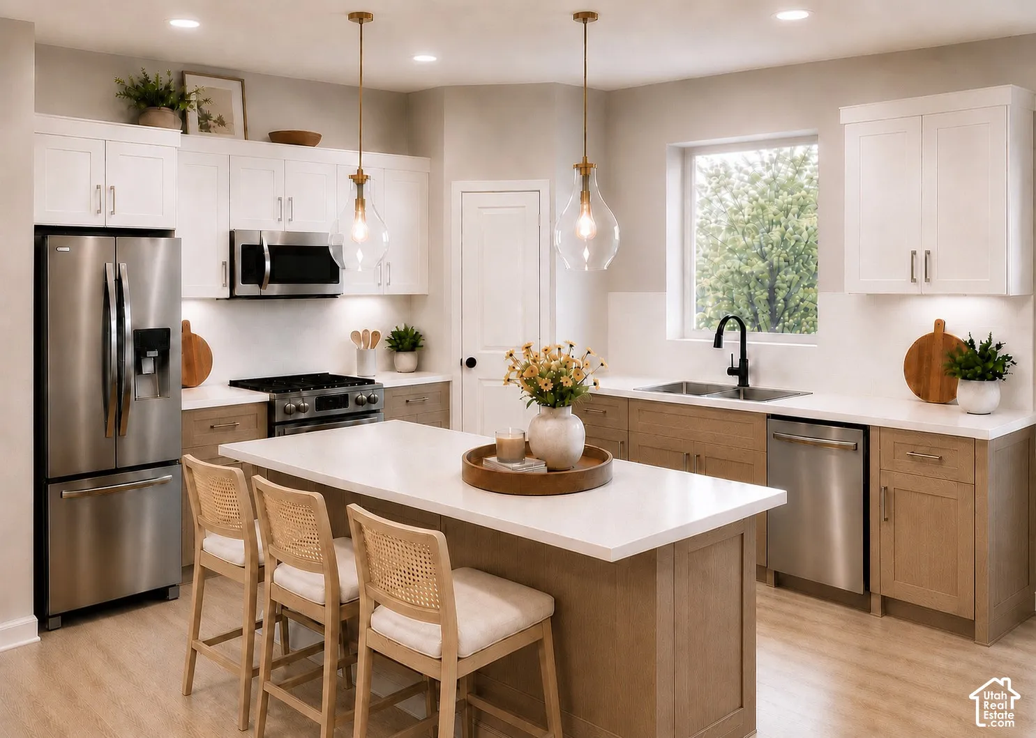 Rendering of finished kitchen with included design package. Decor items not included.