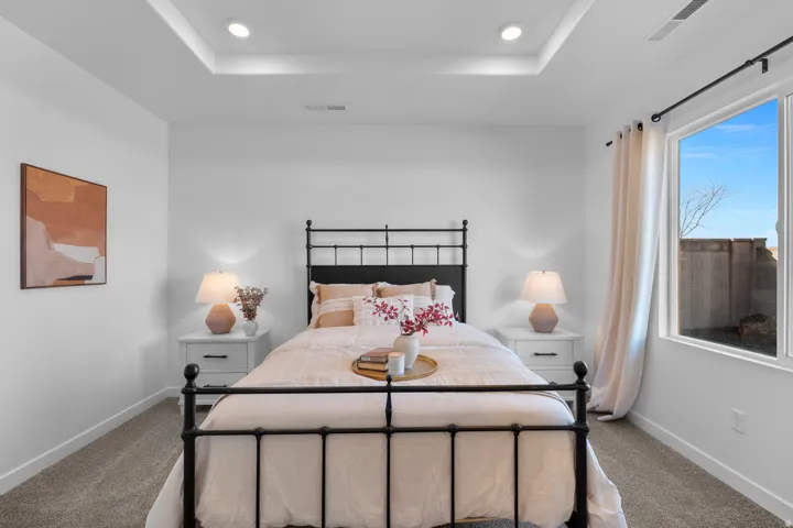 Recessed lighting, tray ceiling, and a large window with privacy fencing