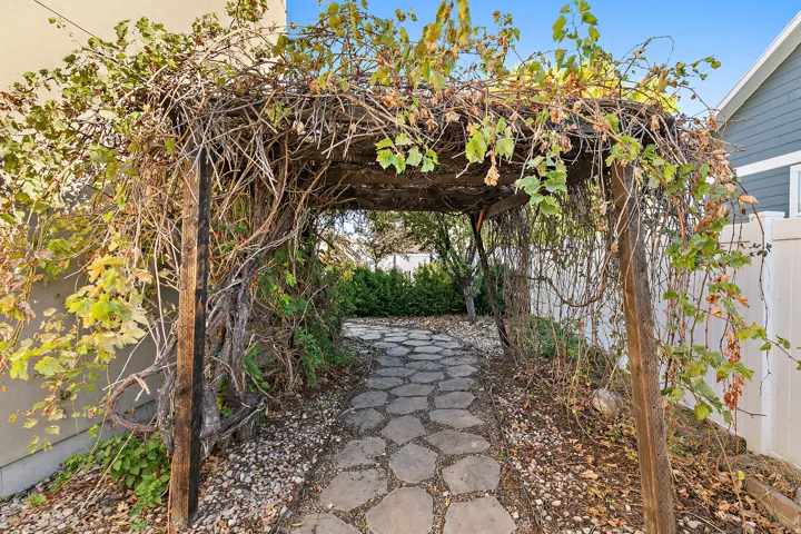 Stone paver pathway leading through a wood pergola, featuring established vines and surrounding landscaping