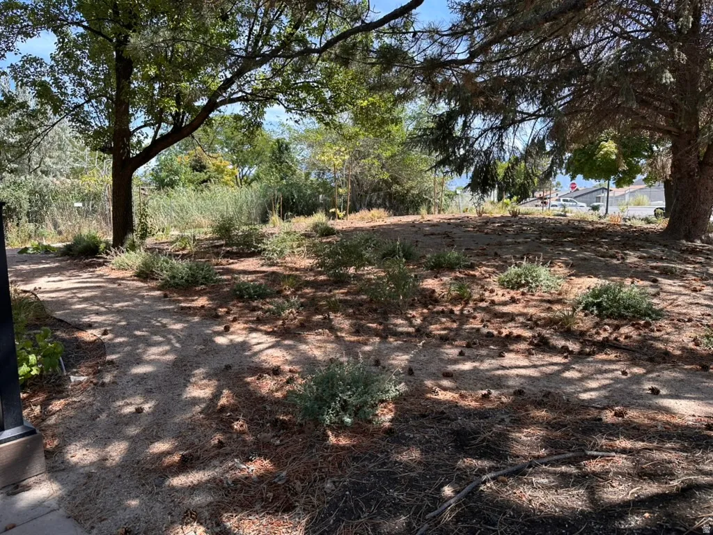 Landscaped grounds featuring mature trees and established plantings and walking paths