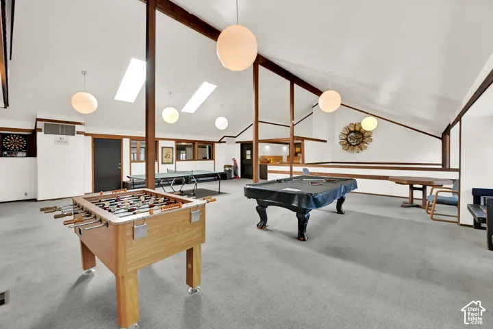 Vaulted ceilings with exposed wood beams, multiple skylights, and spherical pendant lighting