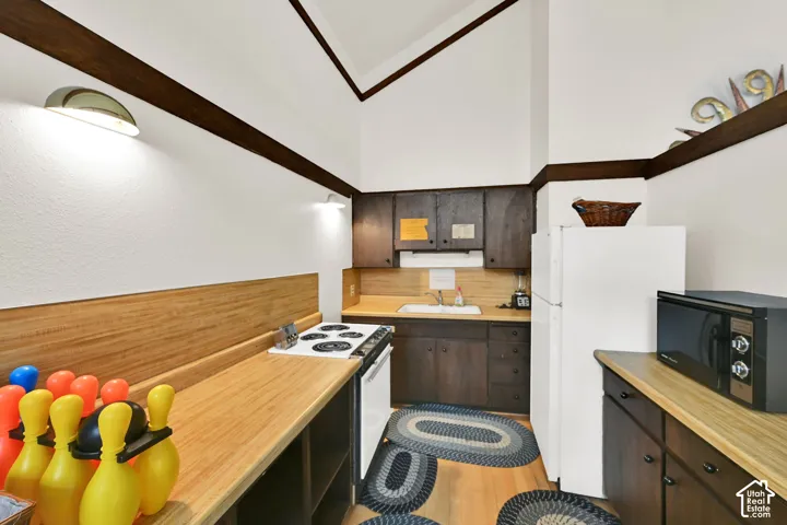 Kitchen featuring wood-finish countertops, dark wood-finish cabinetry, a freestanding range, and a refrigerator