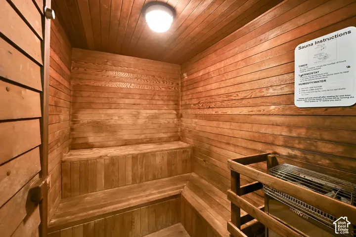 Wood-paneled sauna featuring built-in benches, a ceiling-mounted light fixture, and a sauna heating unit
