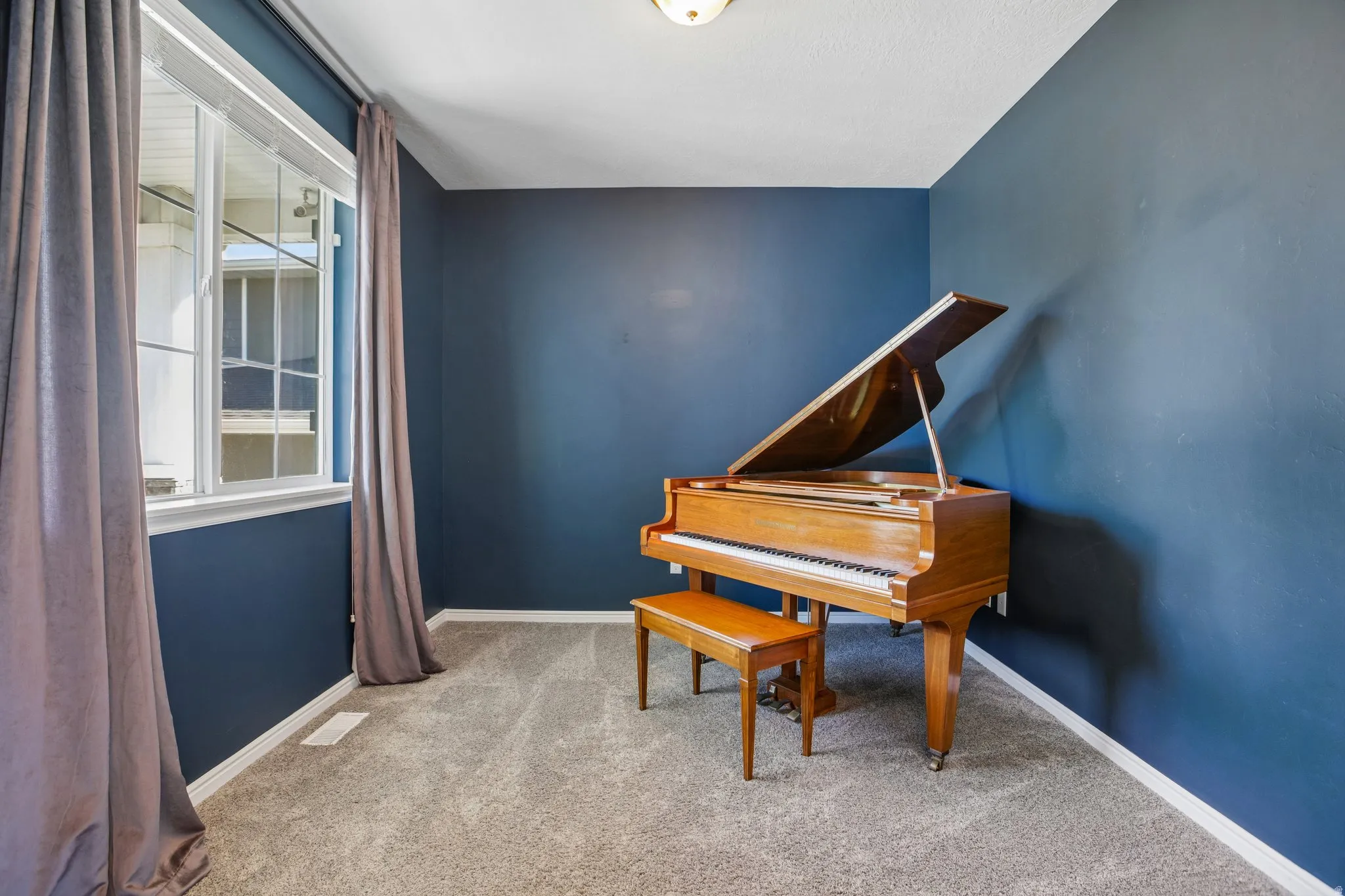 Carpeted room with blue walls, a white window frame, and white trim
