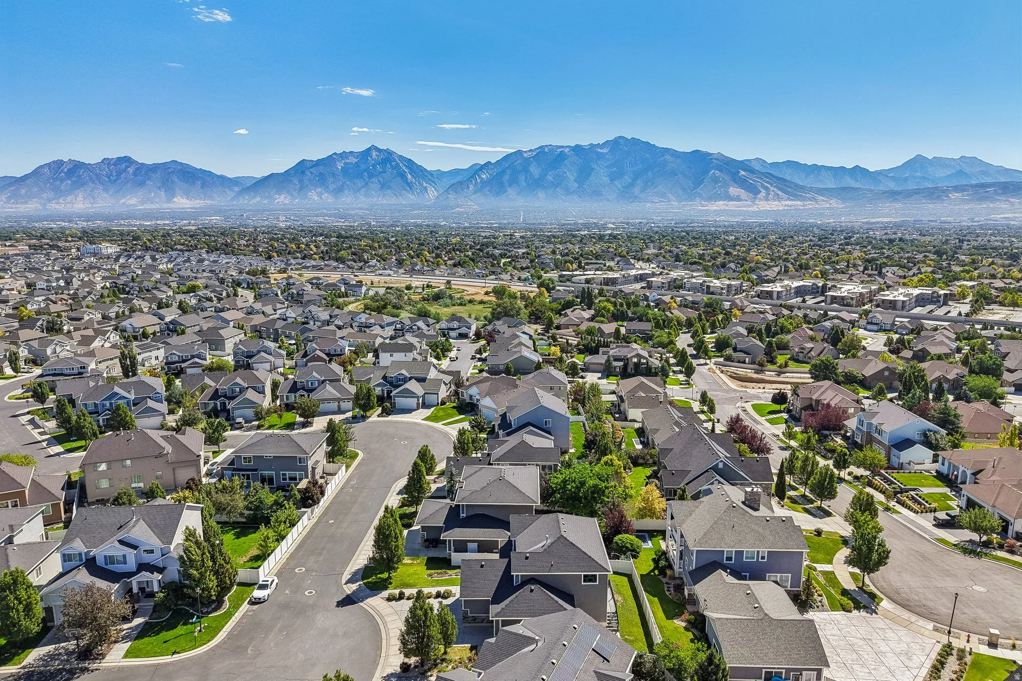 Expansive residential area with a diverse collection of homes, mature trees, and paved streets