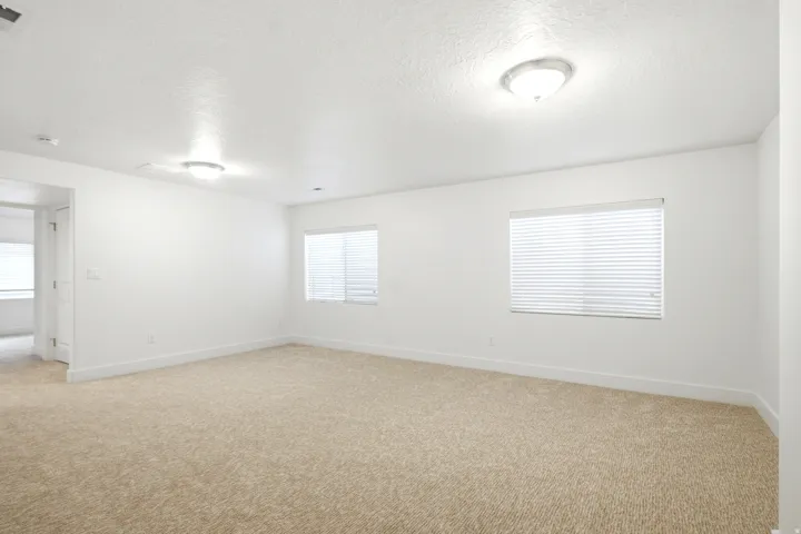 Neutral-toned carpet, recessed lighting, and two windows with blinds