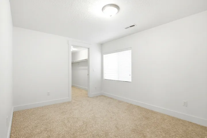 Neutral wall colors, carpeted flooring, window with blinds, recessed closet with shelving, and ceiling-mounted light fixture