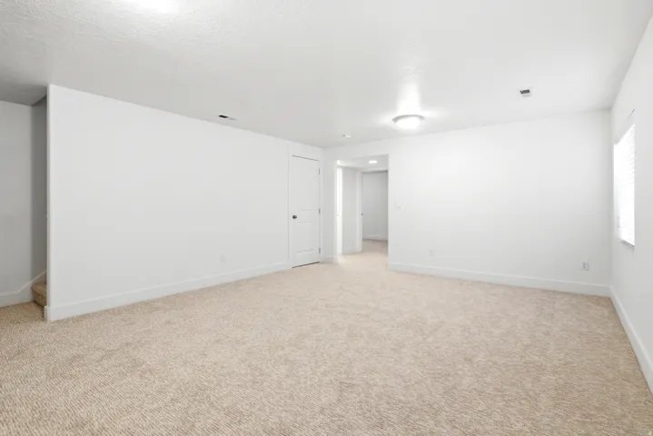 Spacious room with neutral carpet, white walls, a flush-mount ceiling light, and a window with horizontal blinds
