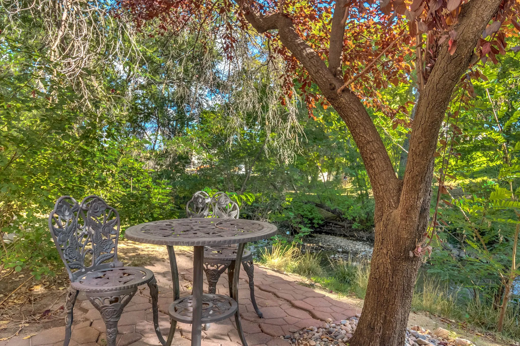 Manicured landscaping with mature trees, red-leaf foliage, a stone-paved patio, and a natural water feature