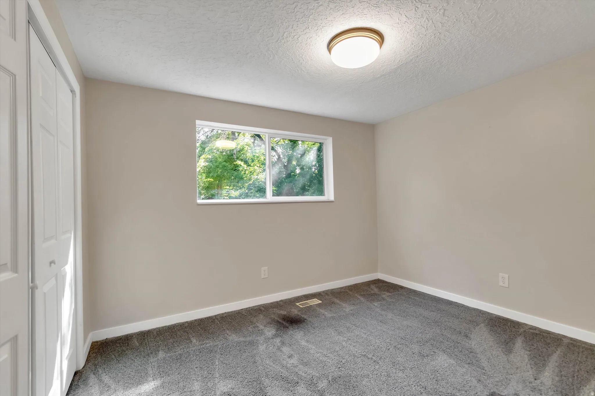 Neutral wall tones, gray carpeting, a single window, and a ceiling-mounted light fixture