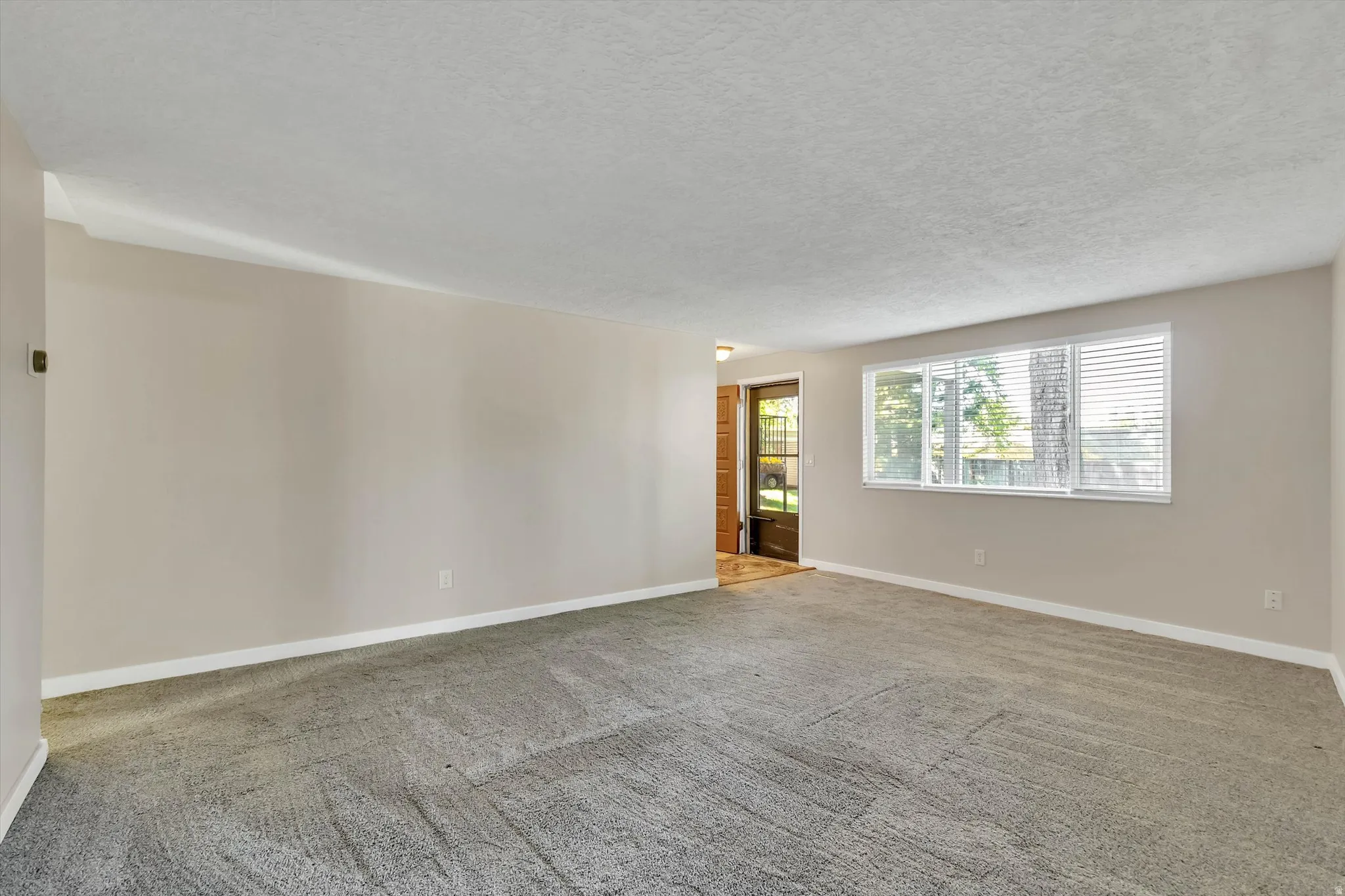 Spacious room with plush gray carpeting, neutral wall finishes, and a large multi-pane window with horizontal blinds