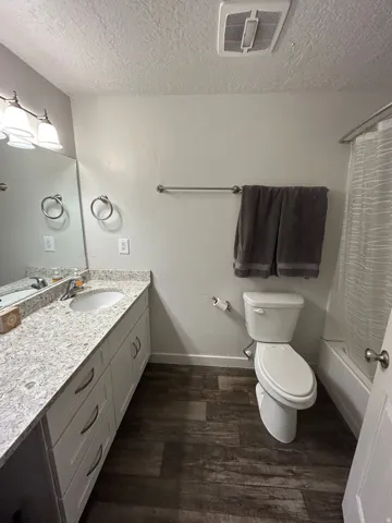 Vanity with an integrated sink, granite-style countertop, and white cabinetry
