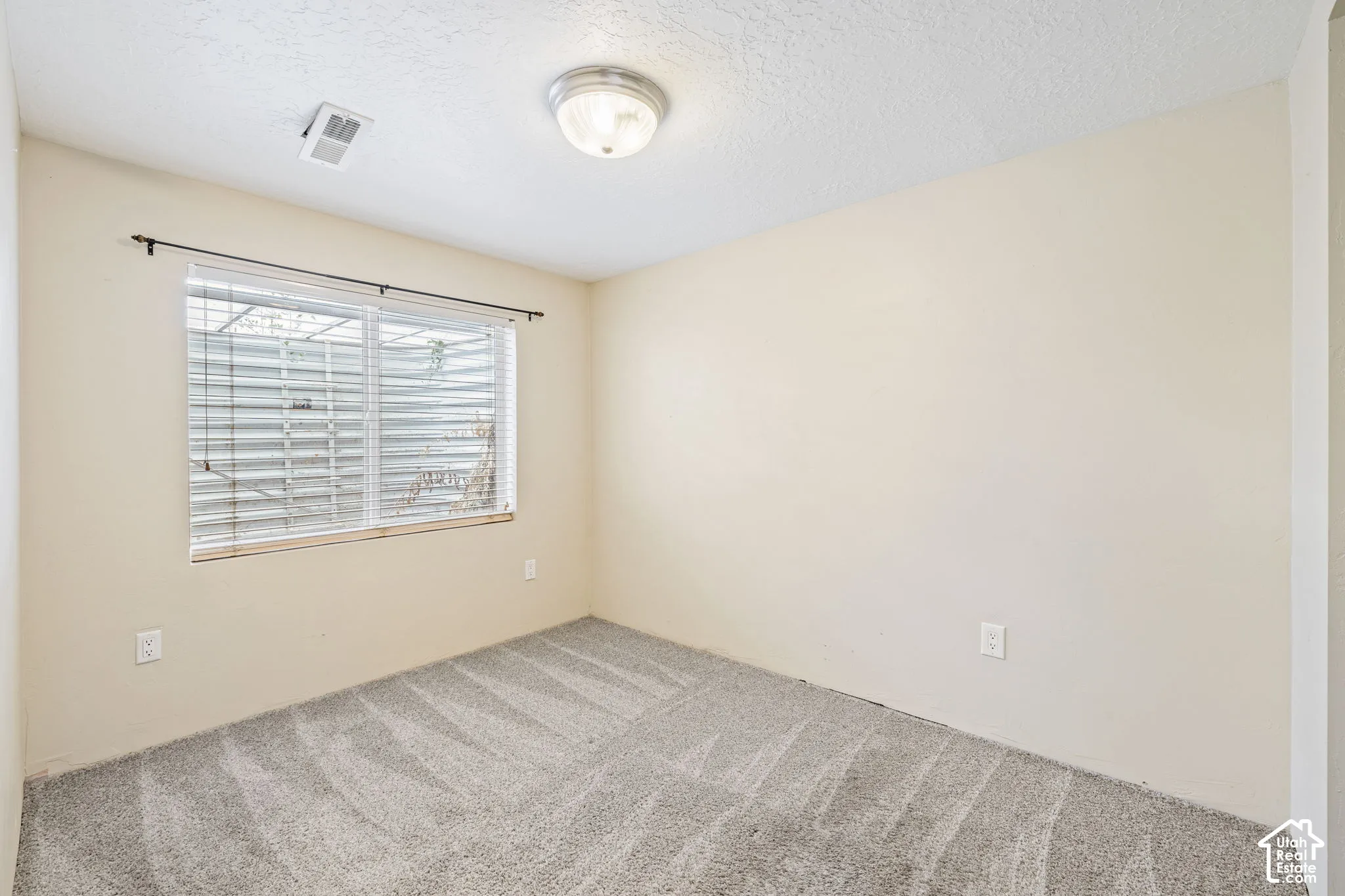 Neutral-toned walls complement the patterned carpet flooring