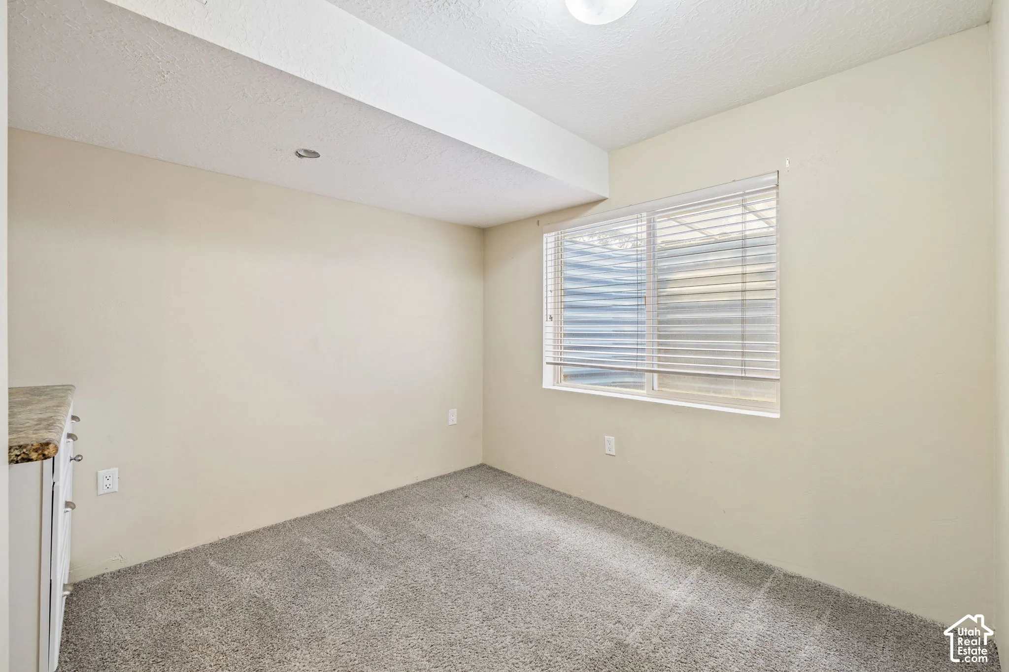 Recessed lighting, textured ceiling, window with blinds, light-colored walls, and gray carpeting