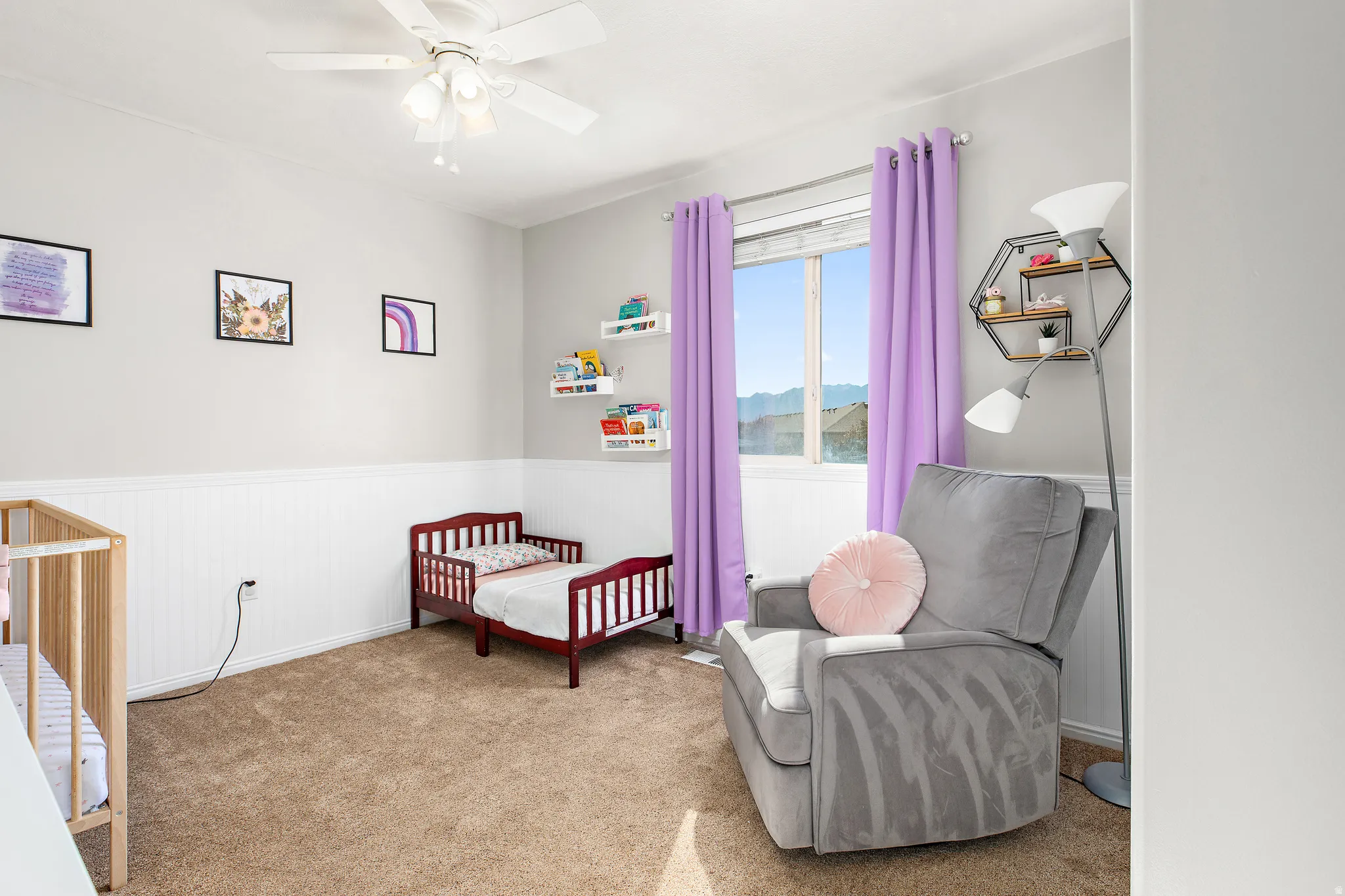 Sunny good size bedroom with custom trim work