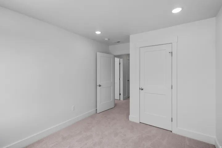 Recessed lighting, light-colored carpet, white walls, and interior doors with panel detailing