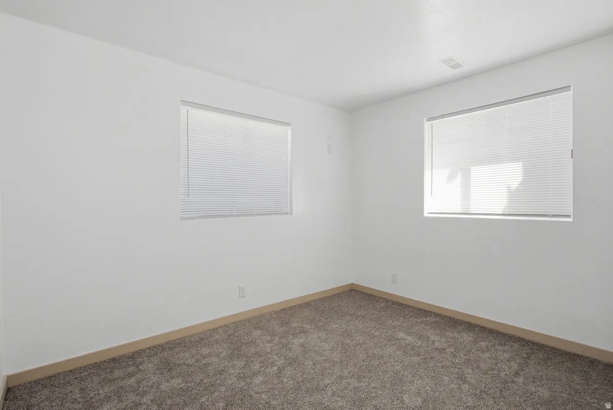 Neutral wall paint, two windows with blinds, and carpeting