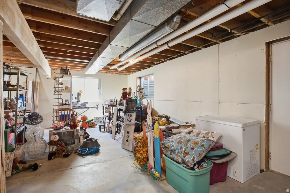 Unfinished basement. Owner is selling the items organized in the basement.