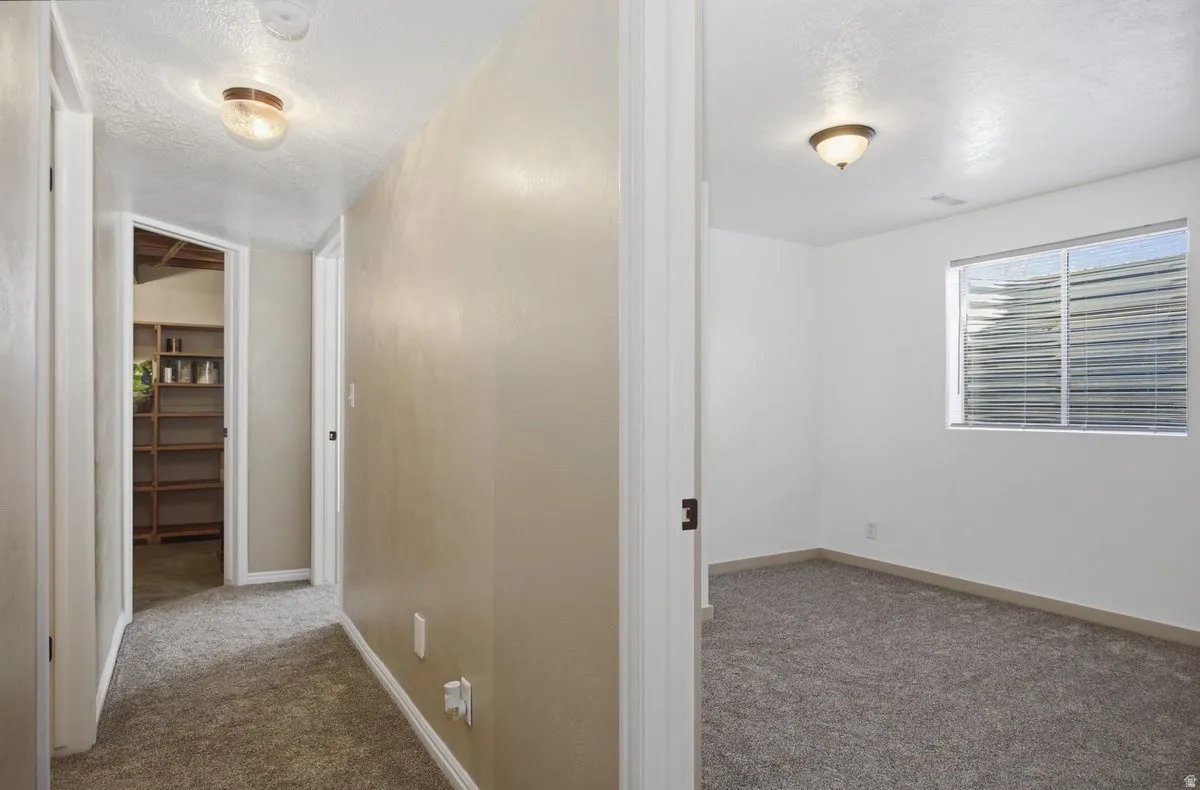 Neutral tone walls and carpeting throughout, featuring a window with horizontal blinds and a flush mount ceiling light. Storage at the end of the hall.
