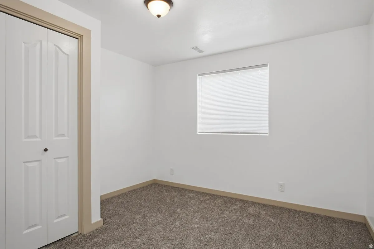 Textured carpeting, white walls, double-panel closet doors, single window with blinds, and flush mount lighting