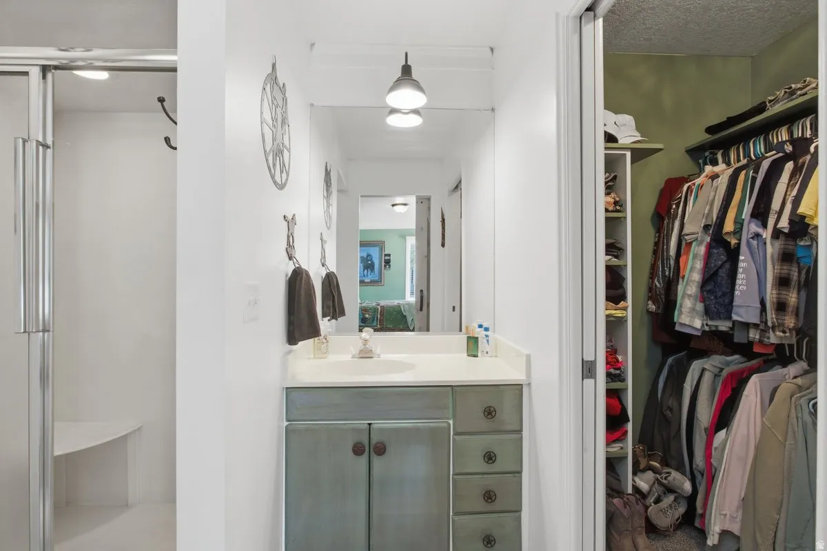 Owners bathroom off the owners bedroom. Built-in vanity with single sink, wall-mounted mirror, and cabinet storage. walk-in shower to the left and walk in closet to the right.