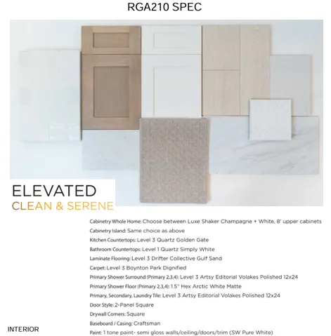 Design Specification Sheet. Detailing material selections for the property's interior finishes