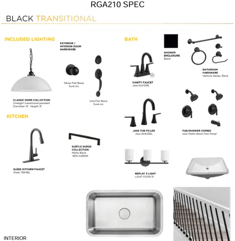 RGA210 Specification. Detailing selections for lighting, hardware, and plumbing fixtures for the property