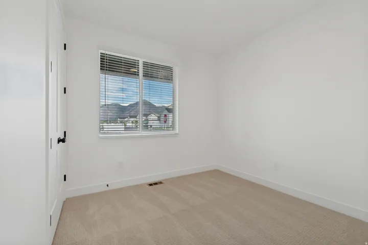 White interior door with black hardware, neutral wall paint, and beige carpet flooring