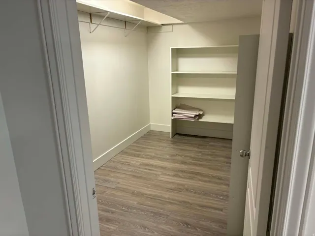Walk-in closet featuring wood-finish flooring, built-in shelving, and a garment rod