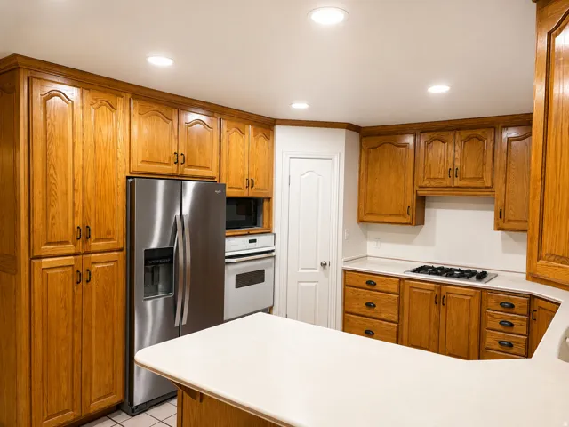 Kitchen featuring wood cabinetry, stainless steel appliances, white countertops, and recessed lighting