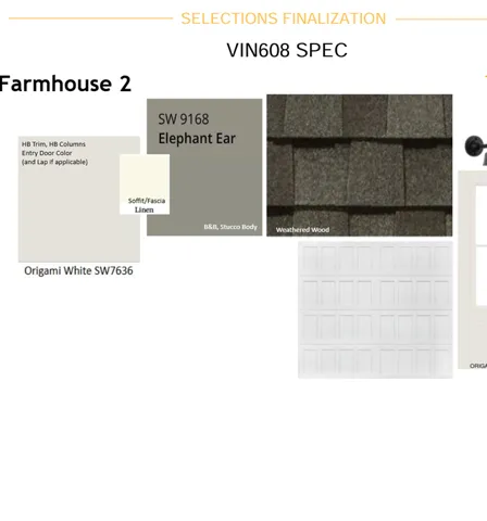 Selections Finalization, VIN608 SPEC. Displaying material and color specifications for the property