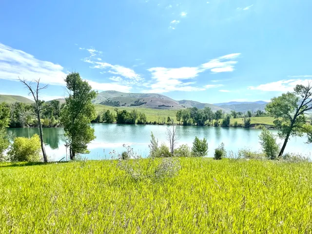 Expansive green landscape with a large body of water, bordered by verdant hills and distant mountains