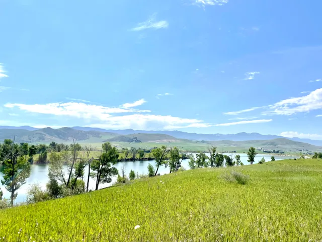 Expansive green landscape with mature trees and a tranquil body of water, set against a backdrop of distant mountains