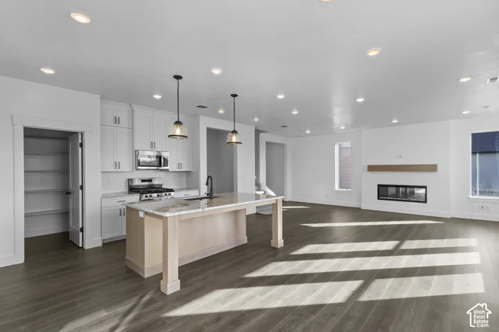 Open-concept living space with wood-finish flooring, a contemporary fireplace, and recessed lighting