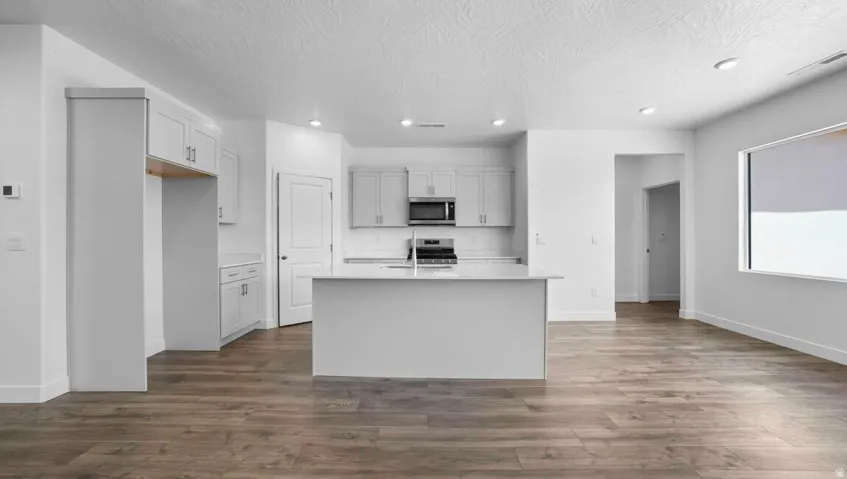 Open-concept living space featuring wood-finish flooring, recessed lighting, and a kitchen with white cabinetry, a central island, and stainless steel appliances