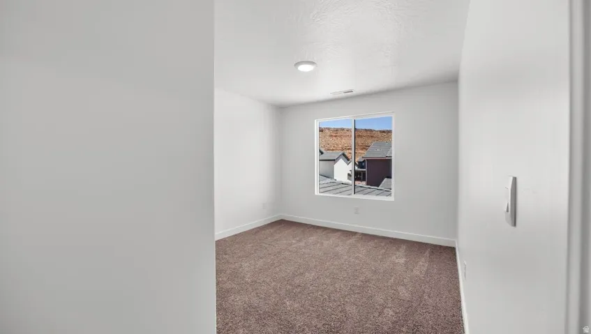 Neutral-toned carpeting, white walls, and a window with a mountain backdrop